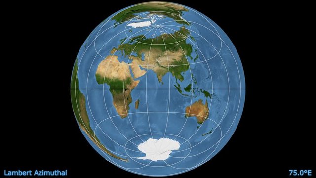 Animated world map in the Lambert Azimuthal projection. Blue Marble raster