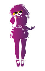 Stylish girl talking on a mobile phone. Communication. Vector illustration of a flat design template.