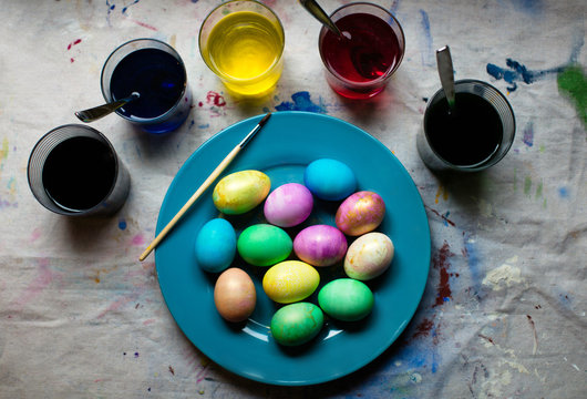 Plate of colorful dyed Easter eggs