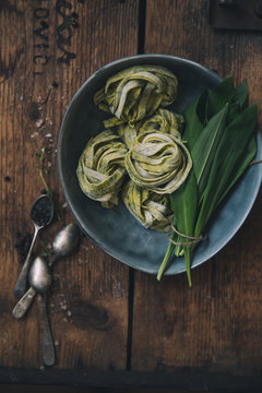 Homemade pasta with wild garlic
