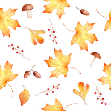 Autumn watercolor seamless hand drawn pattern with leaves and berries