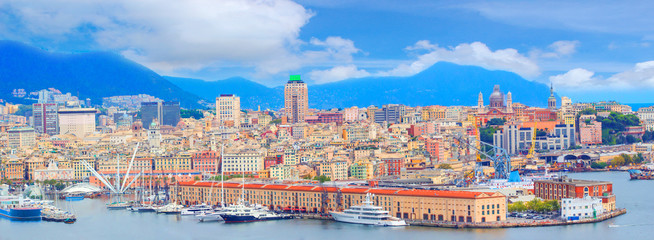 Panoramic view port of Genoa in a summer day, Italy - obrazy, fototapety, plakaty