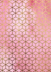 Watercolor marble background with geometric cube pattern. 