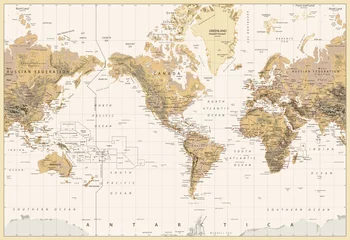  Vintage Physical World Map-America Centered-Colors of Brown © pomogayev