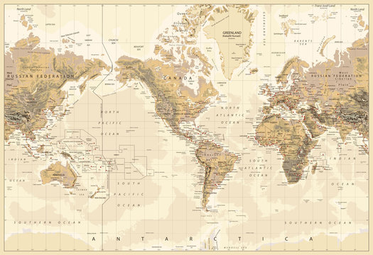 Vintage Physical World Map-America Centered-Colors of Brown © pomogayev