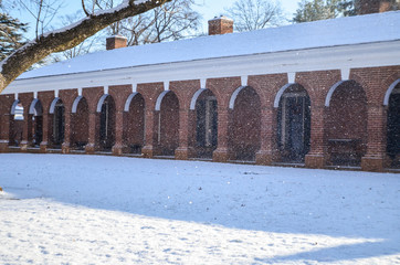 Snowfall on lawn of University of Virginia dormitories during winter storm