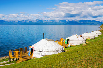 Tourist center in Mongolia on the shore of Lake Hovsgol. Yurts - a traditional home in Mongolia 
