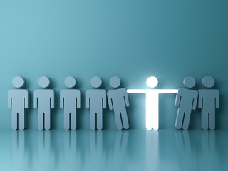 Stand out from the crowd and different creative idea concepts , One glowing light man standing with arms wide open among other people on green background with reflections and shadows . 3D rendering.