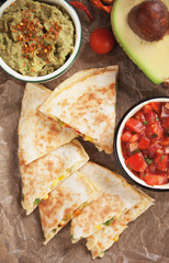 Mexican quesadillas with salsa and guacamole