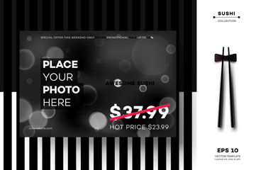 Modern Geometric Black White MockUp. Vector Layout Template For Sushi Menu, Leaflet, Brochure, Newsletter, Poster, Web Site, Gift Card Or Presentation Design