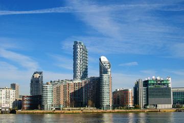 London embankment and city skyline, England UK
