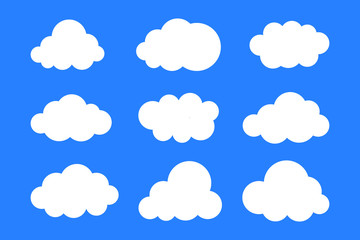 Set of white clouds collection vector, icons, isolated on blue background