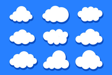 Set of white clouds collection vector, icons, isolated on blue background