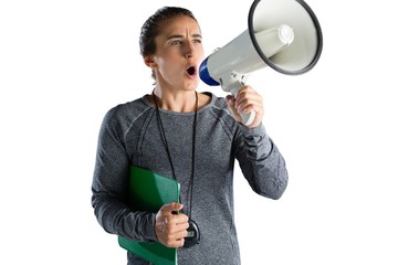 Female rugby coach announcing on megaphone