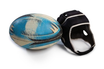 Close up of rugby ball with helmet