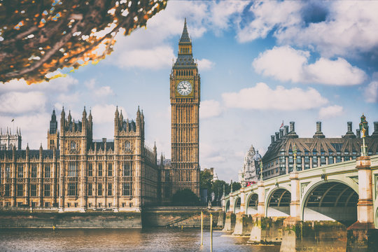 London Europe travel destination. Autumn scenery of Big Ben and Houses of parliament with Westminster bridge in London, England, Great Britain, UK.