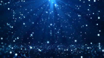 Christmas greeting background (blue theme) with snowflakes, shine lights and particles bokeh in...