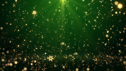 Christmas greeting background (green theme) with snowflakes, shine lights and particles bokeh in...