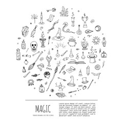 Hand drawn doodle Magic set Vector illustration wizardy, witchcraft symbols Isolated icons collections Cartoon sorcery concept elements Magic wand Love potion Fairy book Fairy tale Snake Crystal ball