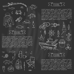 Hand drawn doodle Fishing icons set. Vector illustration. Cartoon catching fish equipment elements collection: Rod, Baits, Spinning, Lure, Inflatable Boat, Yacht, Lighthouse, Cloth, Safety jacket.