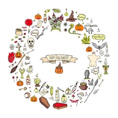Hand drawn doodle Happy Halloween icons set. Vector illustration. Holiday symbols collection. Cartoon various sketch elements: pumpkin, ghost, castle, bat, candy, witches cauldron, zombie hand, skull