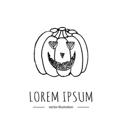 Hand drawn doodle Happy Halloween related icon - Pumpkin. Vector illustration. Holiday symbol. Cartoon sketch element: scary, autumn, face, creepy, evil pumpkin isolated on white background. Boo!