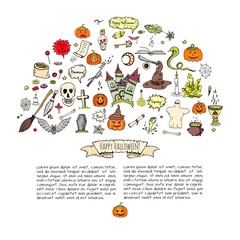 Hand drawn doodle Happy Halloween icons set. Vector illustration. Holiday symbols collection. Cartoon various sketch elements: pumpkin, ghost, castle, bat, candy, witches cauldron, zombie hand, skull