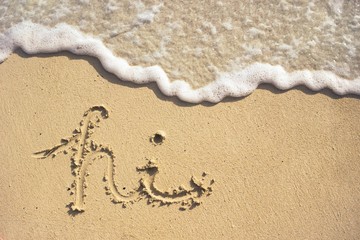 Cursive writing in the sand with a wave coming in on the shore
