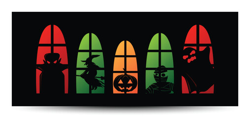 happy halloween  window silhouette banner, vector illustrator