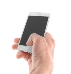 Man holding smartphone on white background, closeup