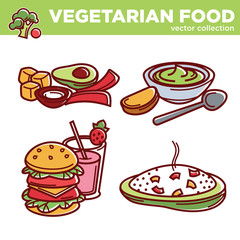 Vegetarian cuisine food dishes or vegan veggie restaurant menu vector isolated icons