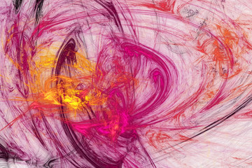 Abstract purple and orange swirly shapes on white background. Fantasy fractal texture. 3D rendering.