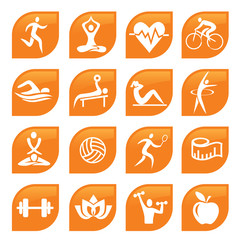 Fototapeta na wymiar Sport Fitness Icons Buttons. Set of orange modern icons fitness and yoga activities. Vector available.