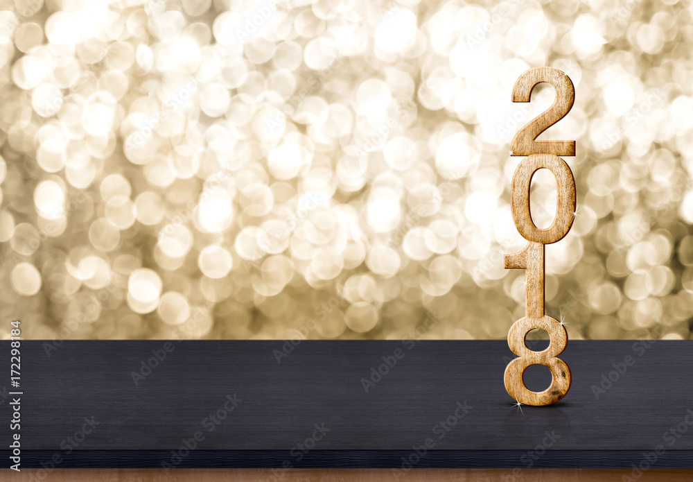 Poster 2018 new year wood number on wood table with sparkling gold bokeh wall,panoramic banner for display 