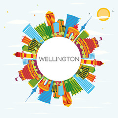 Wellington Skyline with Color Buildings, Blue Sky and Copy Space.