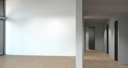 white room with door and window in new home 3D illustration Empty room new home