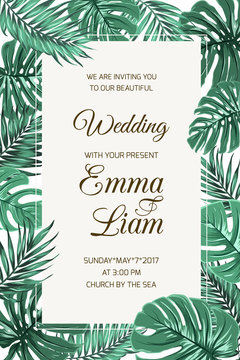 Wedding event invitation card template. Exotic tropical jungle rainforest bright green palm tree and monstera leaves border frame on white background. Vertical portrait aspect ratio. Text placeholder.