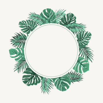 Exotic tropical jungle rainforest round circle wreath border frame. Bright green palm tree and monstera leaves. Isolated design element on white background. Place for text. Vector design illustration.