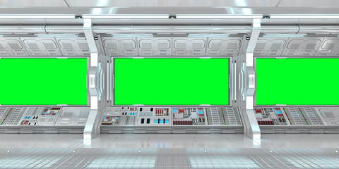 Spaceship interior with view on green windows 3D rendering