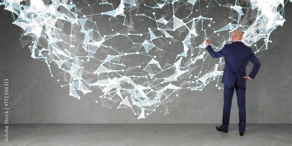 Poster Businessman using connection network on a wall 3D rendering