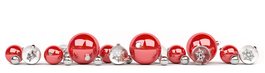 Red and white christmas baubles lined up 3D rendering