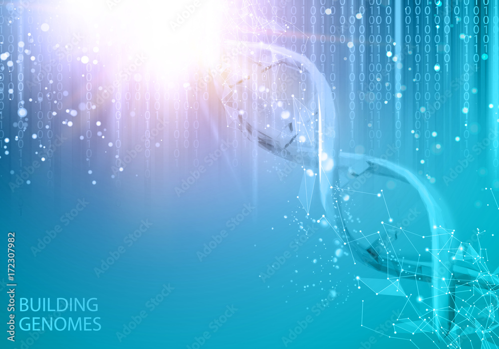 Poster Scince illustration of bigdata with DNA molecule. Abstract binary code in matrix style over blue background. Dna bigdata visualization. Vector illustration.