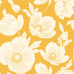 Hellebore flowers bloom blossom seamless pattern. Winter Christmas rose. Lenten rose. Helleborus niger. Detailed floral foliage drawing. Vector design illustration. Bright yellow orange background.