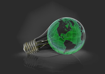 Green globe inside a lightbulb on black background