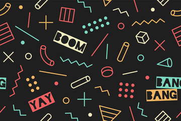 Seamless graphic memphis pattern 80s-90s trendy styles on black background. Colorful pattern with different shapes objects. Design for wrapping paper, fabric background, wallpaper. Vector illustration