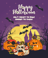 Happy Halloween vector greeting card with spooky Jack-o-lantern