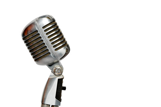 Silver microphone on the side on a white background.Isolated