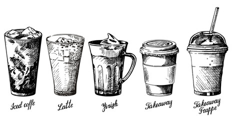 Vector vintage hand drawn coffee types set