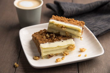 Coffee and Cake Afternoon Tea in a Café on Wooden Background