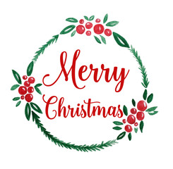 Fototapeta premium Merry Christmas wreath watercolor drawing on white paper background, Christmas greeting card background